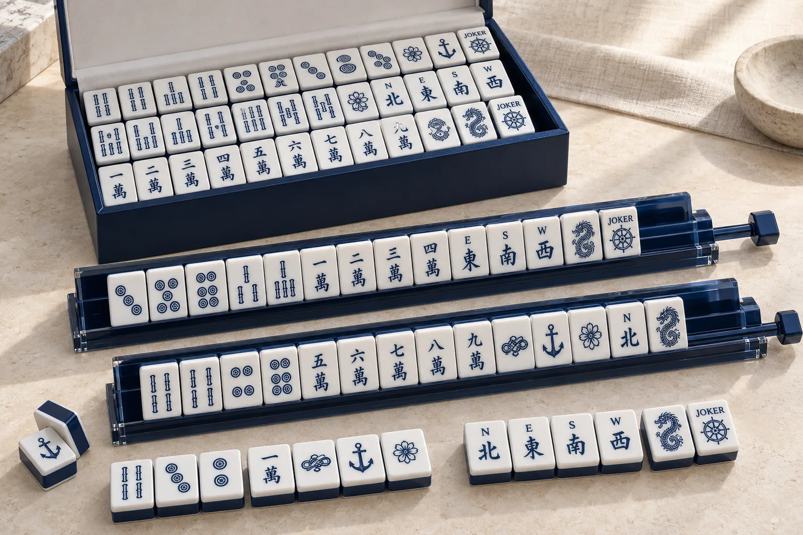 Harbor Line example custom acrylic American mahjong set: Navy and white nautical faces, engraving + paint fill, 32 × 23 × 13 mm, two layers