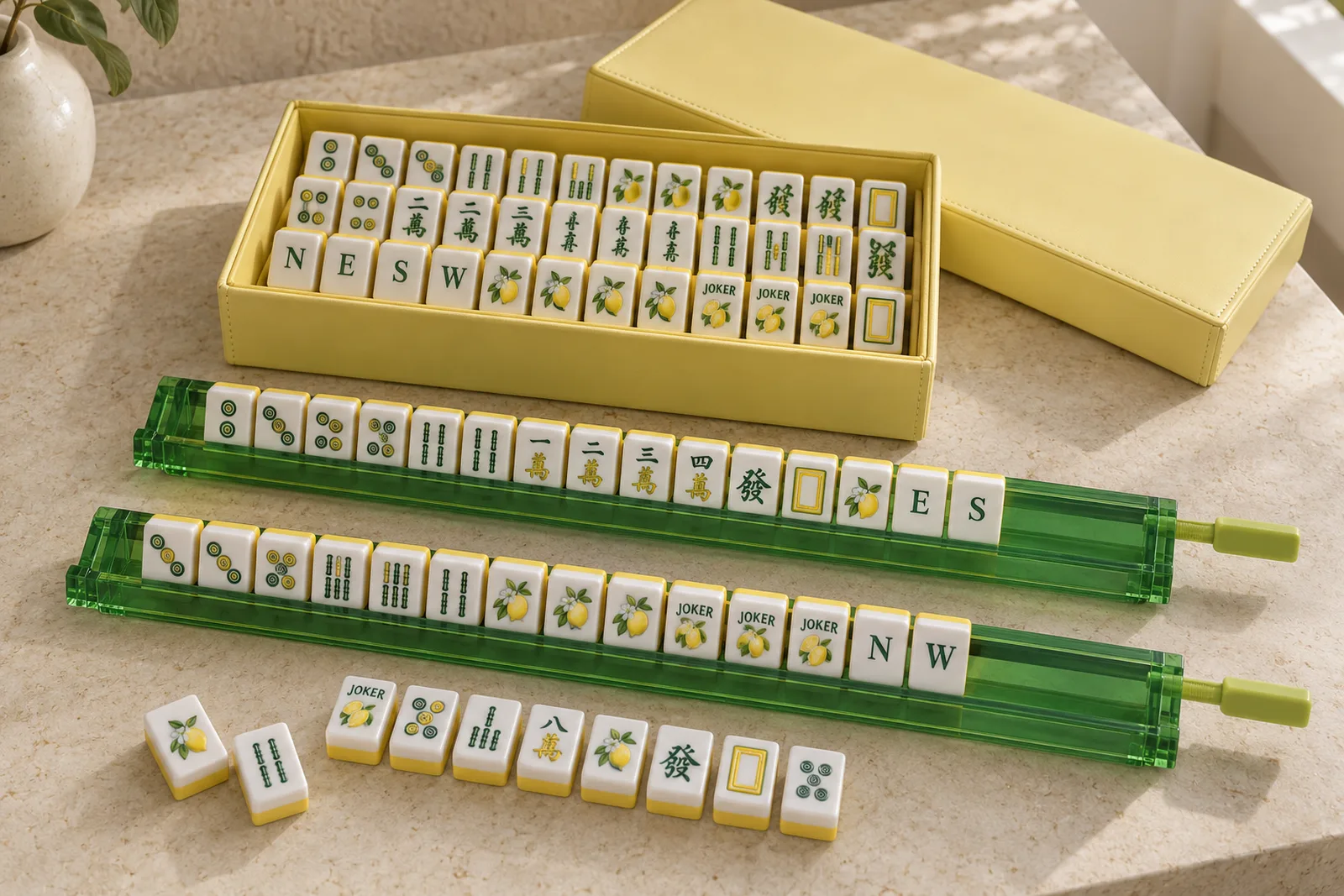 Citrus Grove example custom acrylic American mahjong set: Lemon and leaf-green fruit motifs, UV print + surface coating, 30 × 23 × 13 mm, two layers