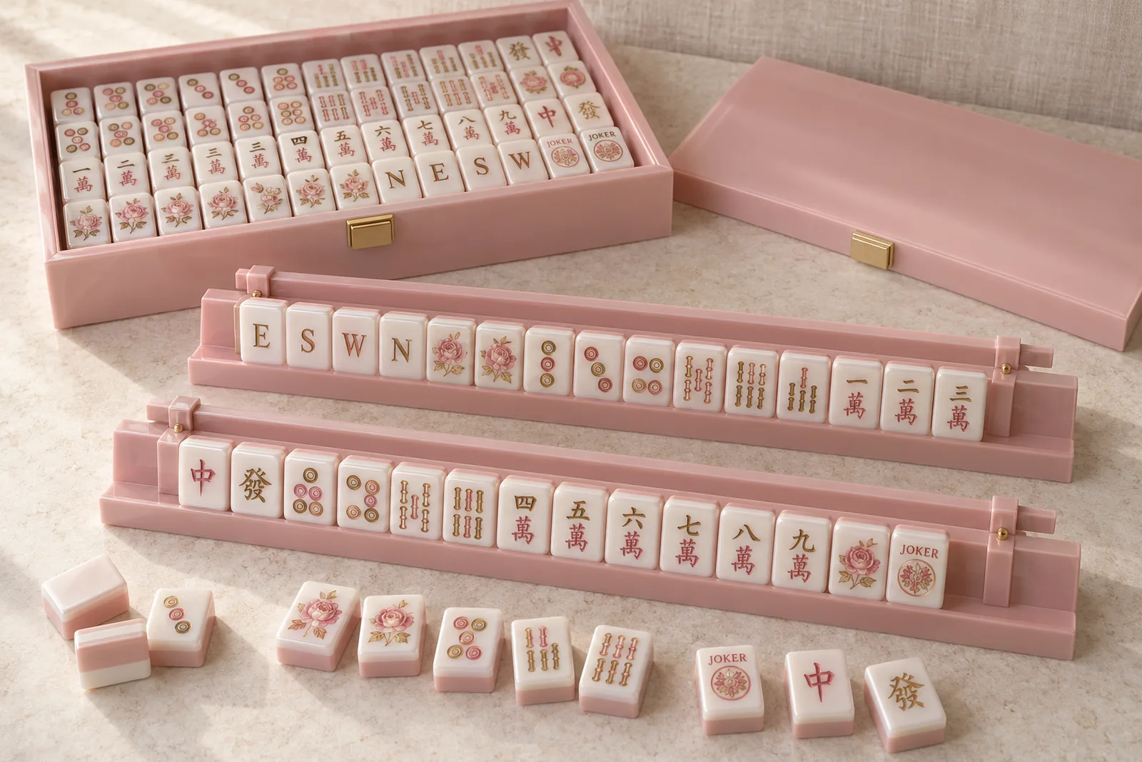 Rose Atelier example custom acrylic American mahjong set: Blush florals with gold-tone accents, UV print + surface coating, 32 × 23 × 13 mm, three layers