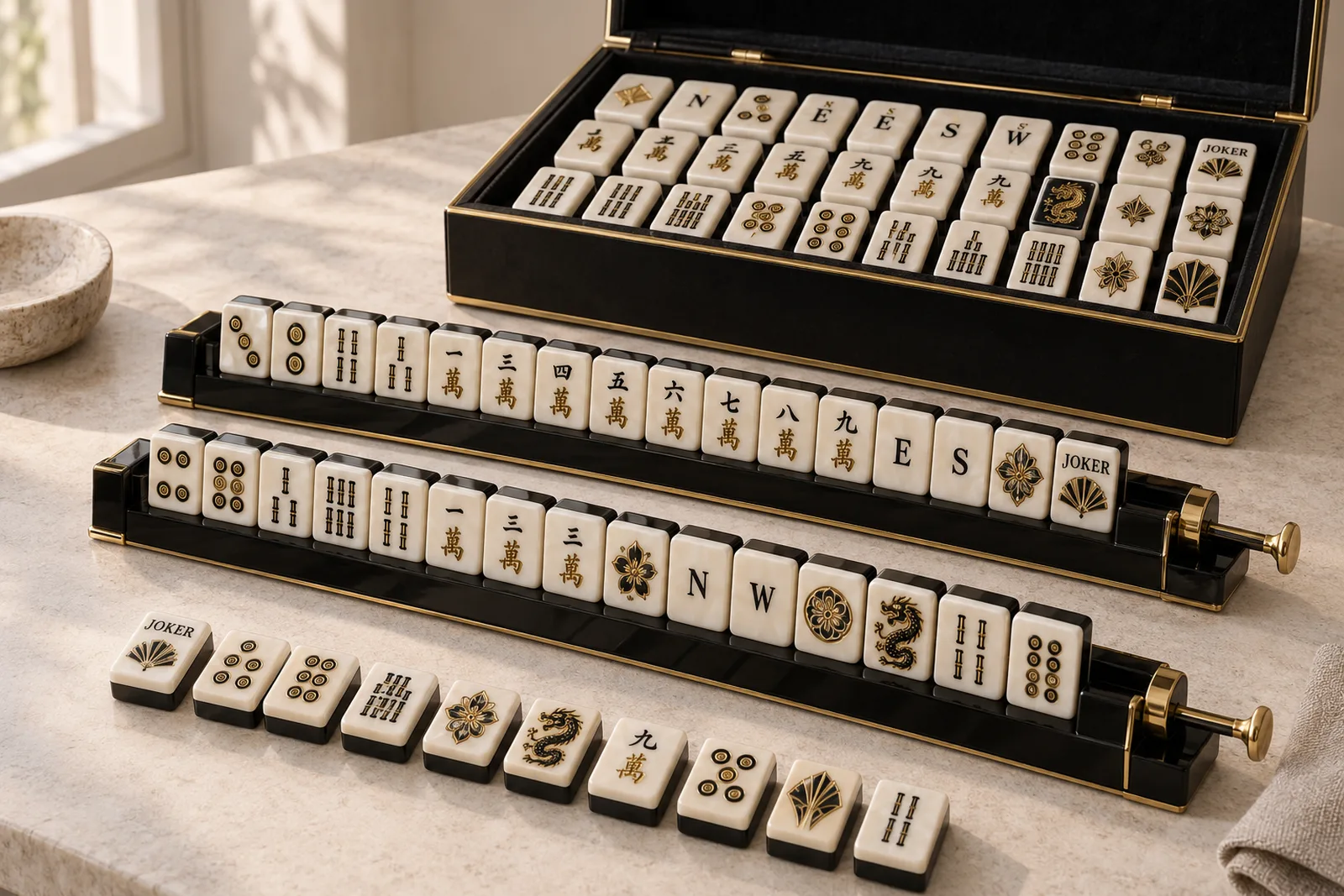 Midnight Deco example custom acrylic American mahjong set: Black and gold-tone art-deco faces, UV print + surface coating, 36 × 25 × 15 mm, two layers