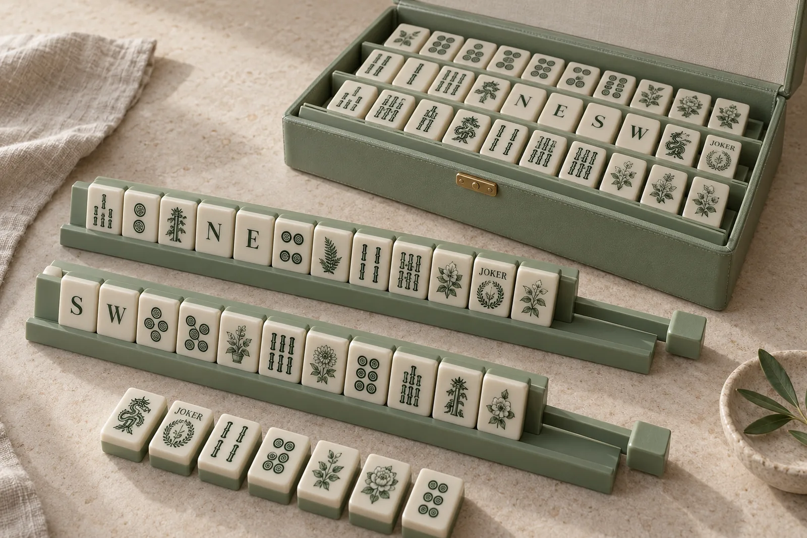 Sage Botanica example custom acrylic American mahjong set: Sage-green botanical faces, engraving + UV color fill, 32 × 23 × 13 mm, two layers