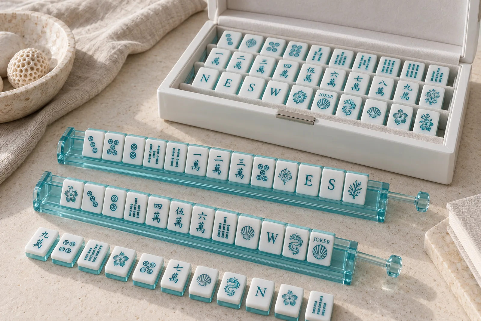 Coastal Pearl example custom acrylic American mahjong set: Pearl-white face with aqua artwork, engraving + UV color fill, 30 × 23 × 13 mm, two layers