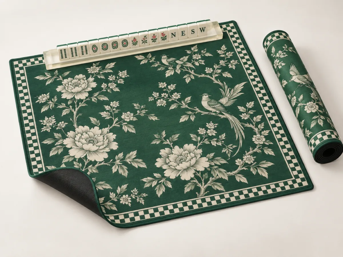 Dark green printed mat with cream peonies, birds and a checkerboard border, one corner folded back to show the black backing, a rolled second mat and a loaded rack