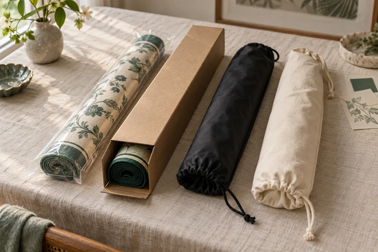 Rolled mahjong mats in a clear bag, rectangular paper box, black storage sleeve and ivory canvas sleeve