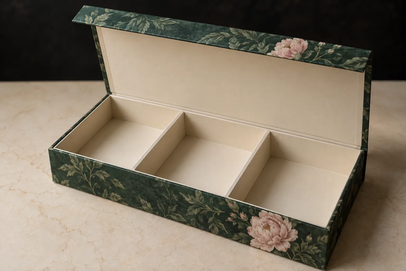 Open jade botanical rigid paperboard gift box showing hinge, closure flap and empty compartments