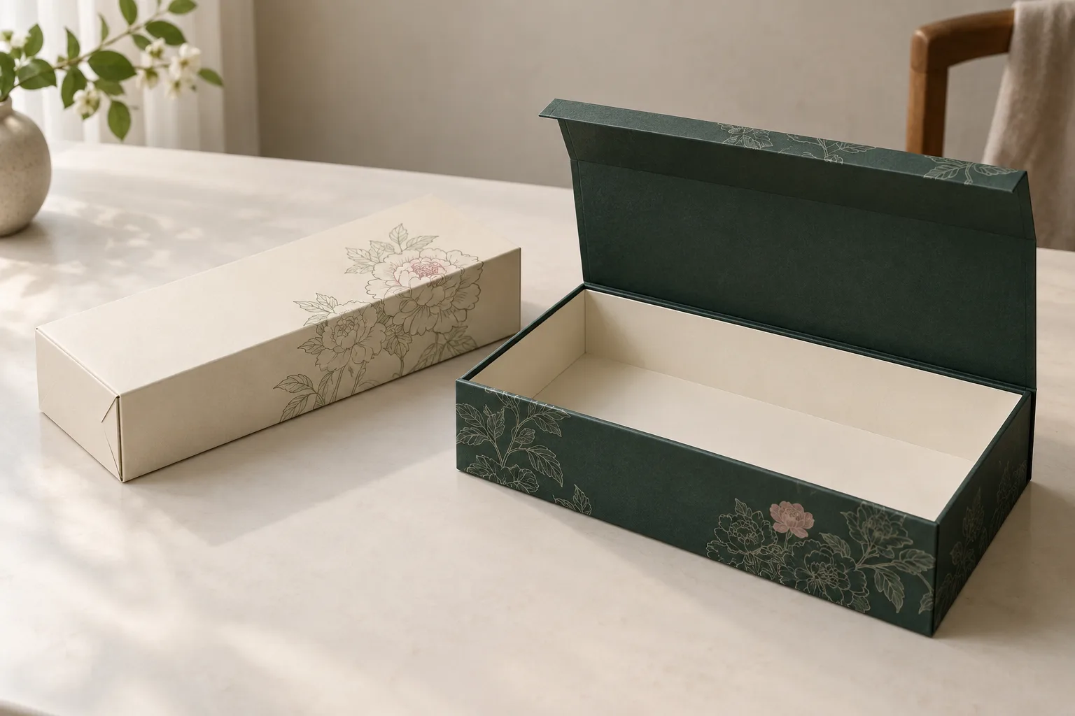 Closed cream folding carton beside an open deep-jade rigid paperboard gift box