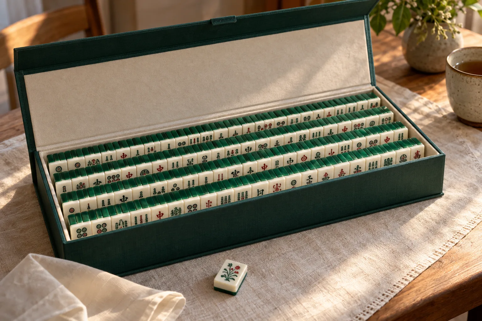 Flat jade-green rigid gift box with the lid open and a full set of acrylic mahjong tiles standing in five rows on a cream insert