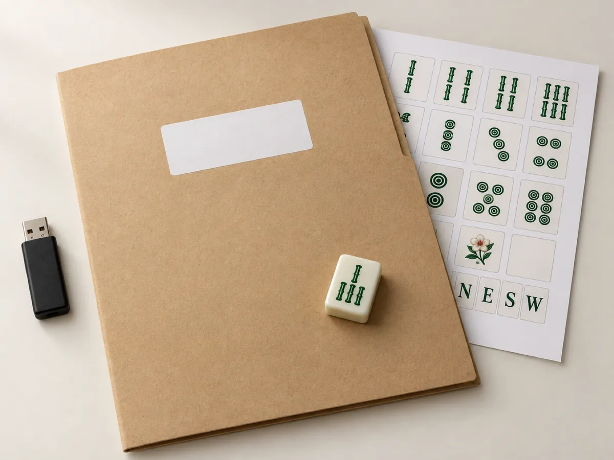 Kraft job folder with a blank white label, an engraved ivory tile with a green bamboo face on top, a black USB drive and a printed proof sheet alongside