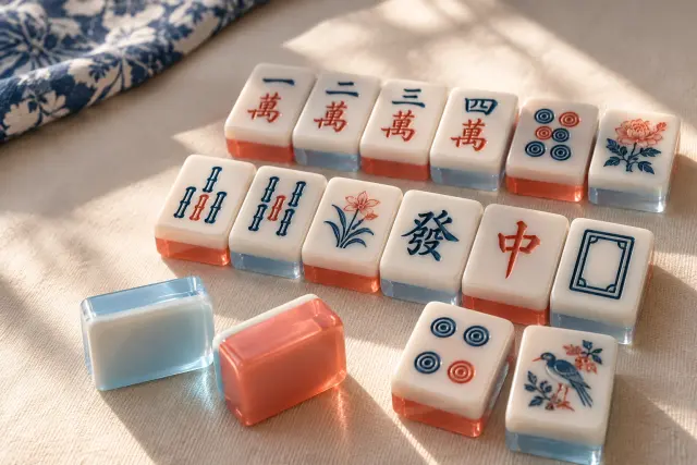 Detail of coral and blue layered acrylic mahjong tiles