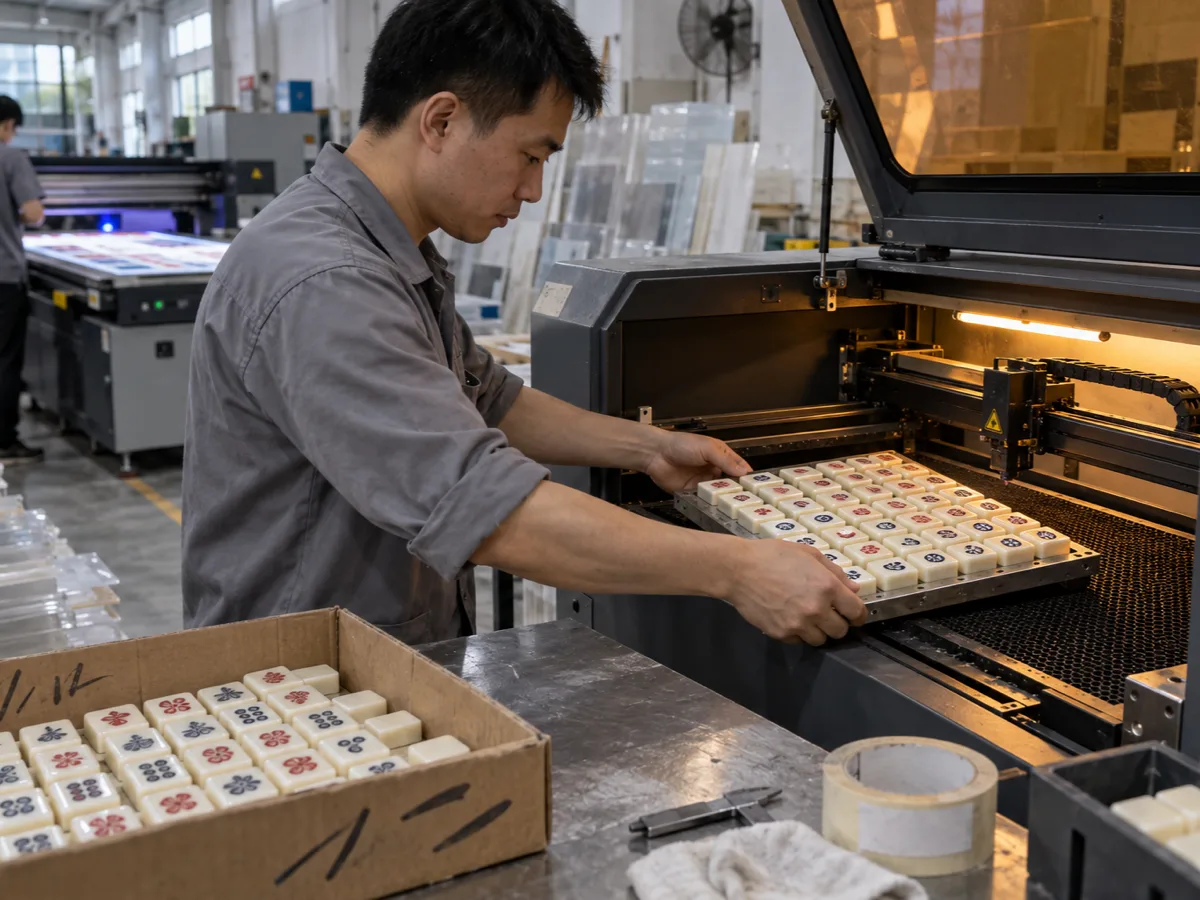 Illustration of a production operator setting up acrylic mahjong blanks at an engraving station