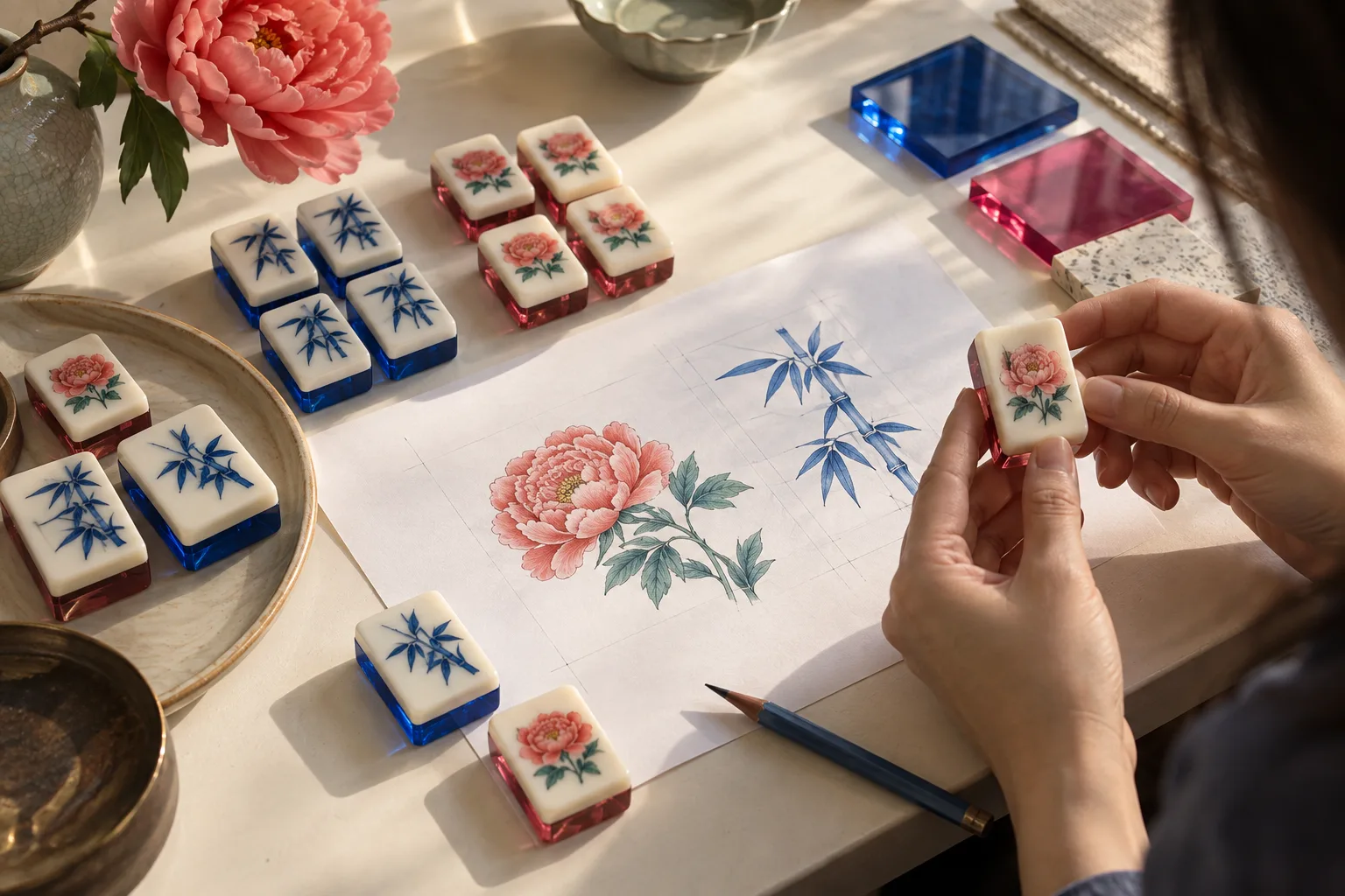 Illustration of custom floral acrylic mahjong tiles beside matching artwork for a proof review