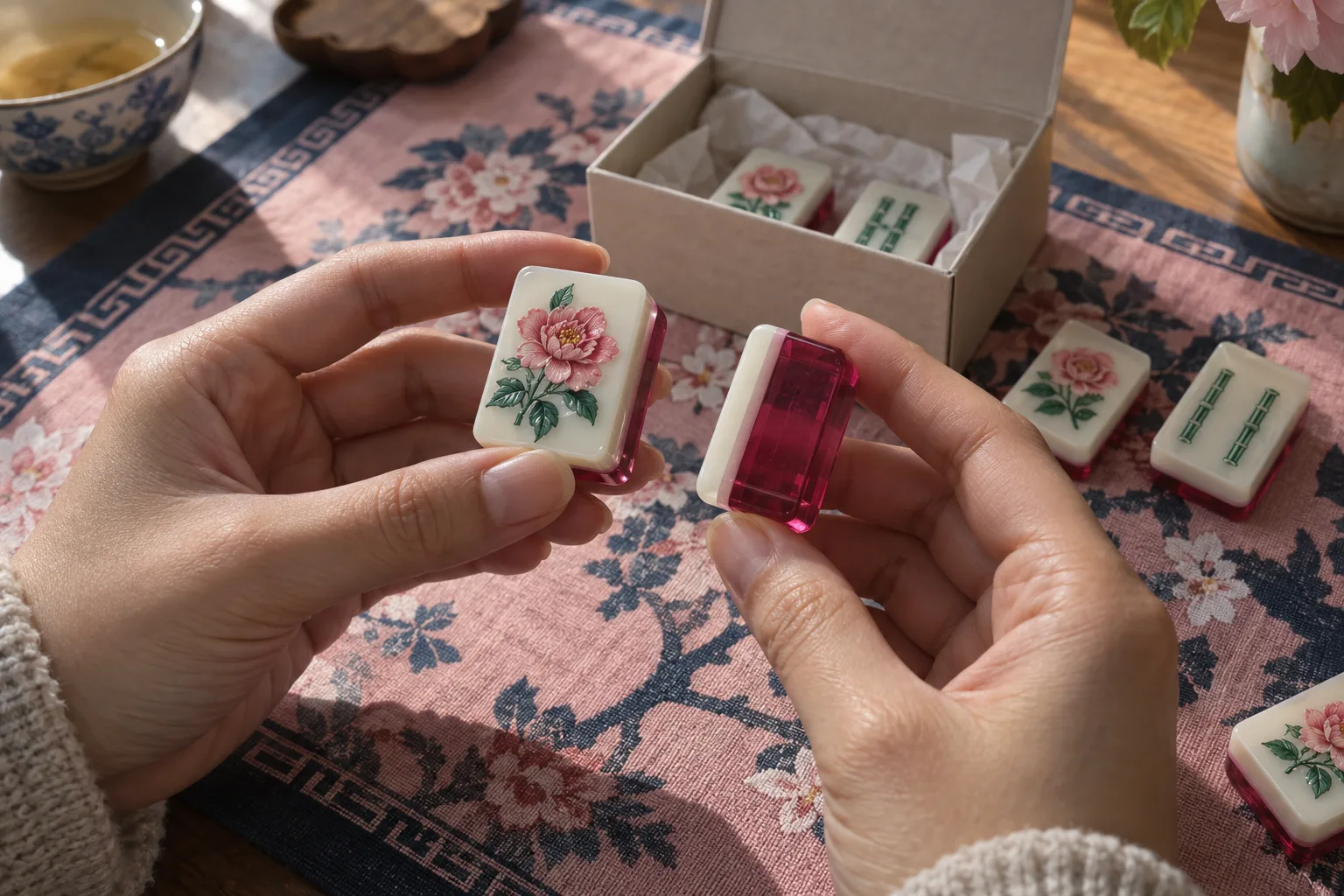 Illustration of hands reviewing the face and colored layers of custom acrylic mahjong tiles