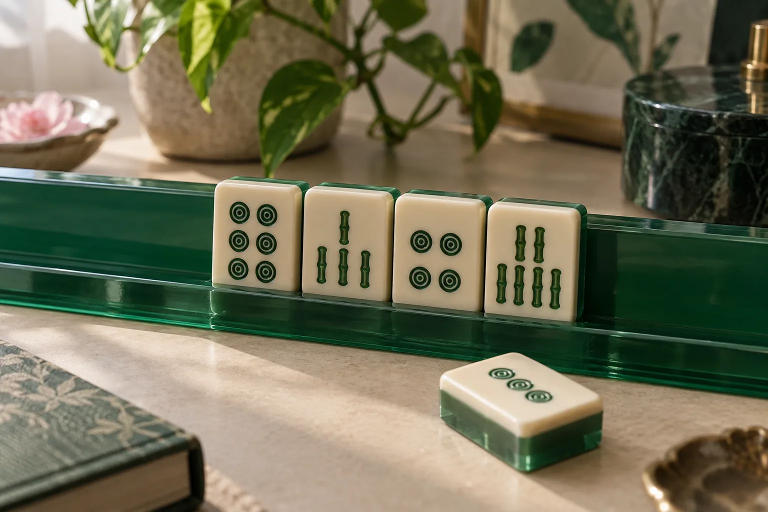Four tiles seated on a jade acrylic rack ledge, with one tile alongside