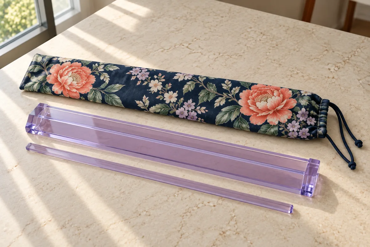 Illustrative long floral drawstring sleeve beside an acrylic rack and separate pusher