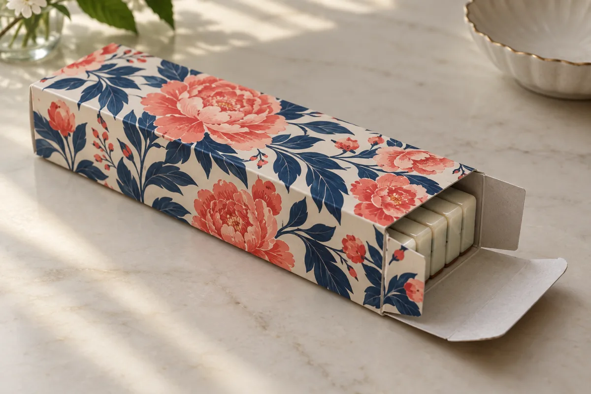Illustrative floral paperboard folding carton with an open tuck end