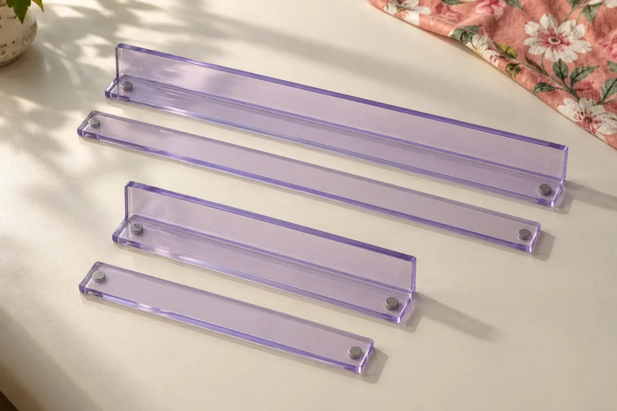 Illustrative long and short lilac acrylic rack-and-pusher pairs; dimensions are confirmed separately