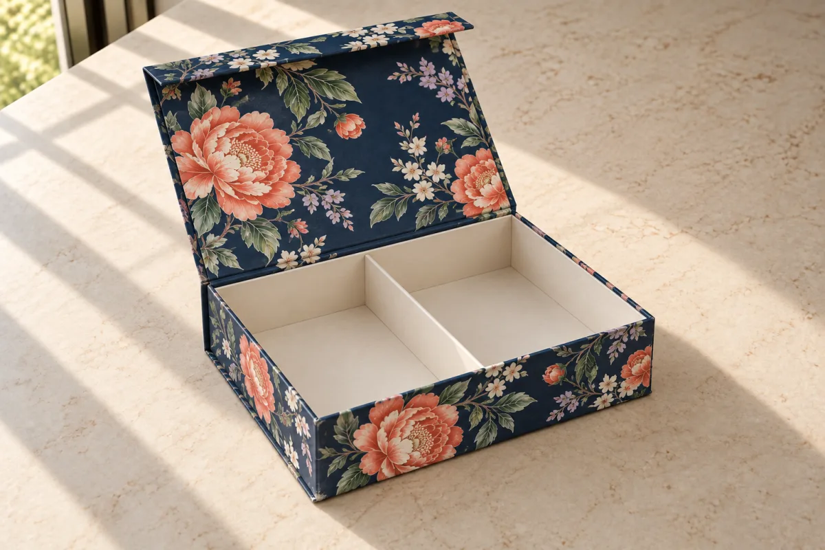 Illustrative empty paper-wrapped rigid box with a book-style magnetic flap