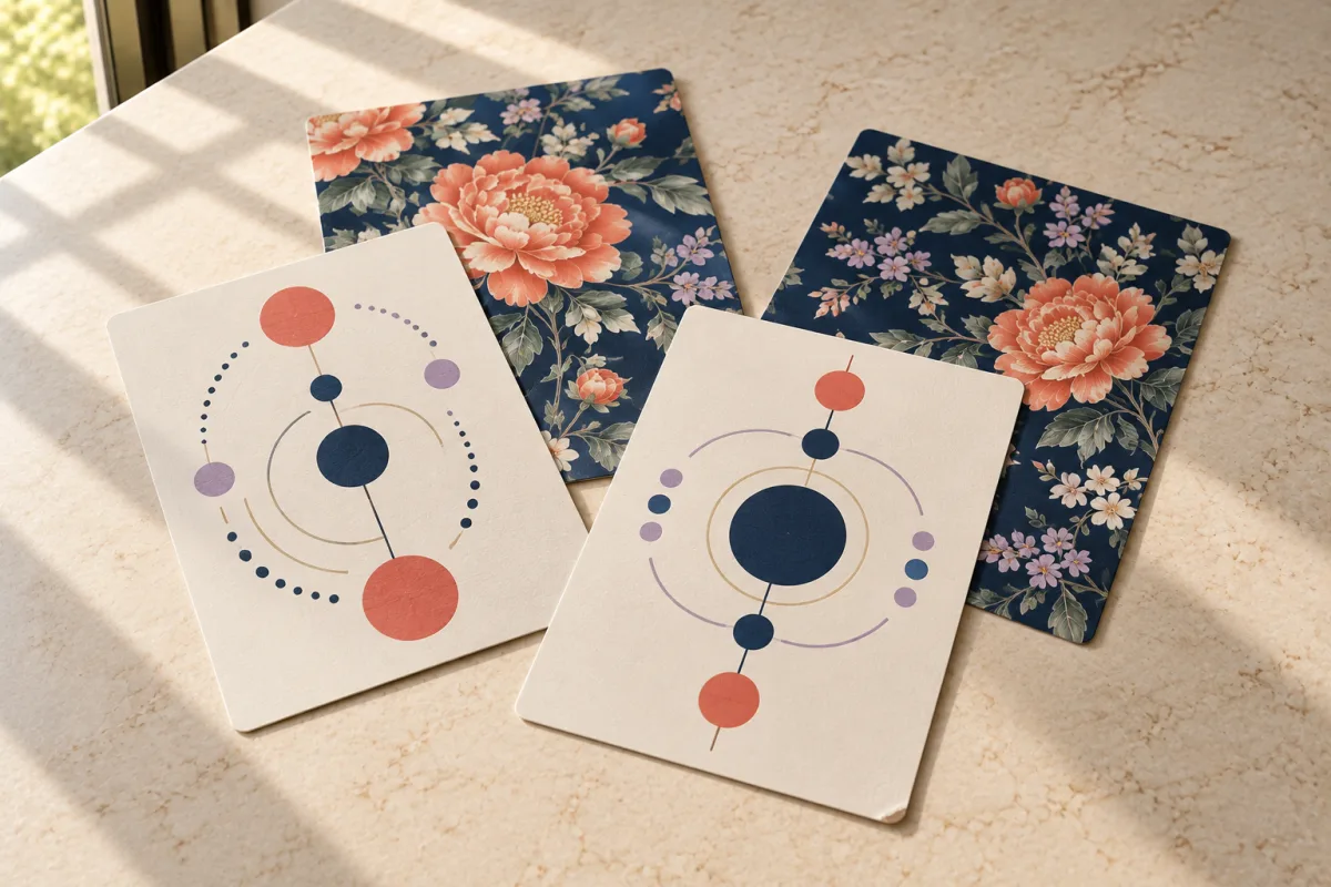 Four separate thin printed custom reference cards with floral backs