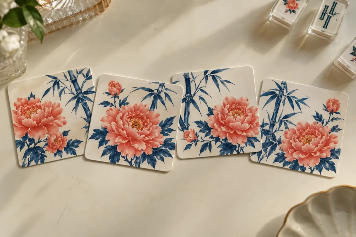 Four thin floral printed shuffler cards arranged flat on a table