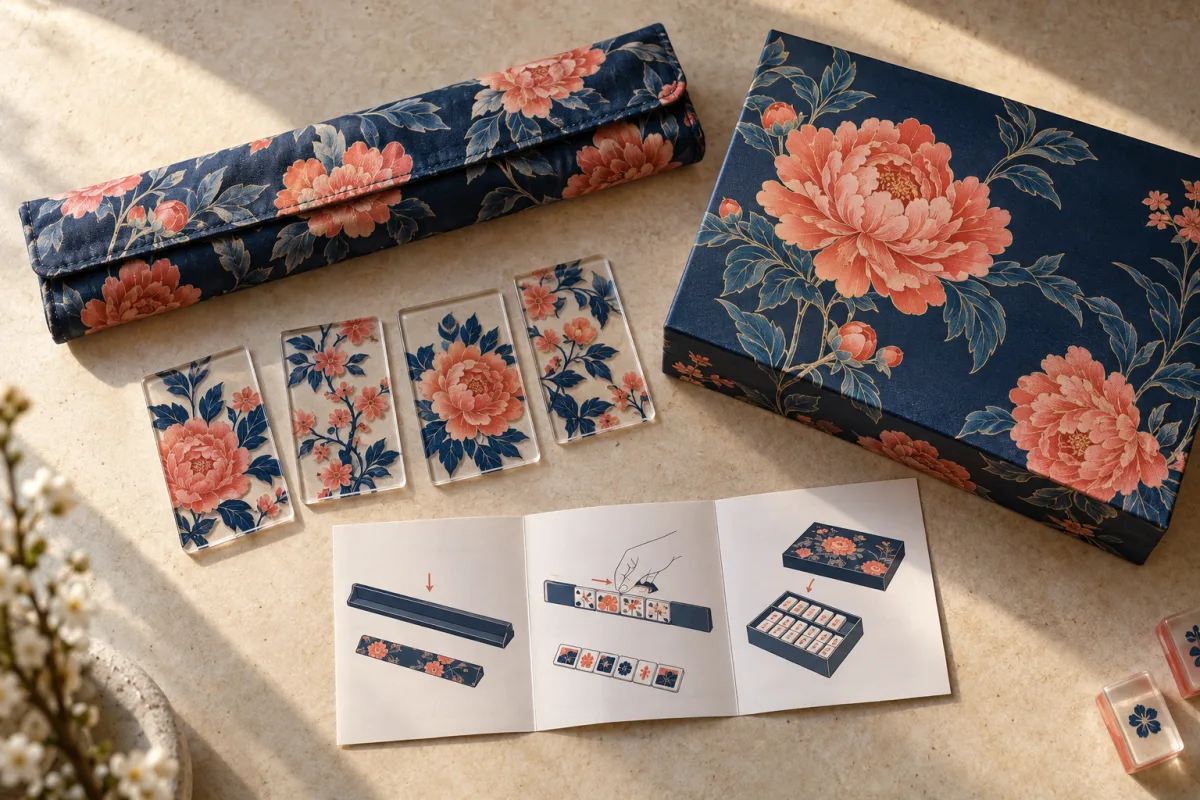 Illustrative coordinated floral cards, fabric sleeve, printed box and foldout artwork