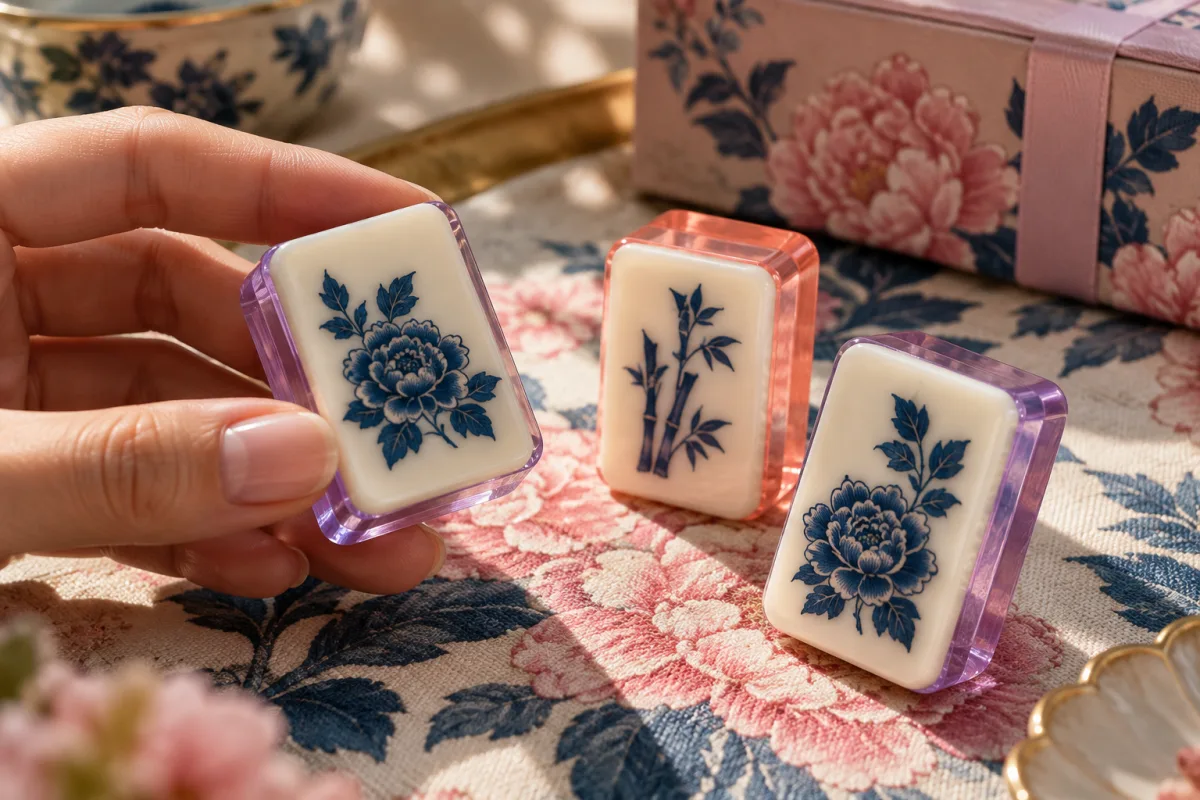 Illustrative hand-held lilac layered acrylic tile beside a coral tile and printed packaging
