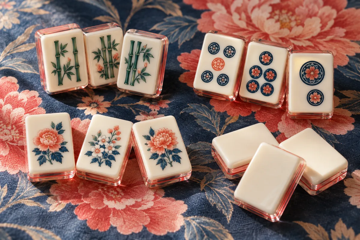 Illustrative bamboo, dot, flower and blank acrylic tile examples on a floral mat