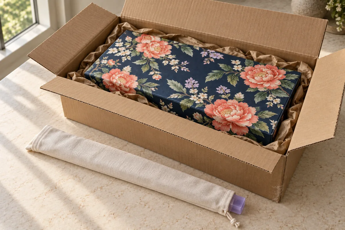 Illustrative closed printed set box protected inside an outer shipping carton, with a separate rack sleeve