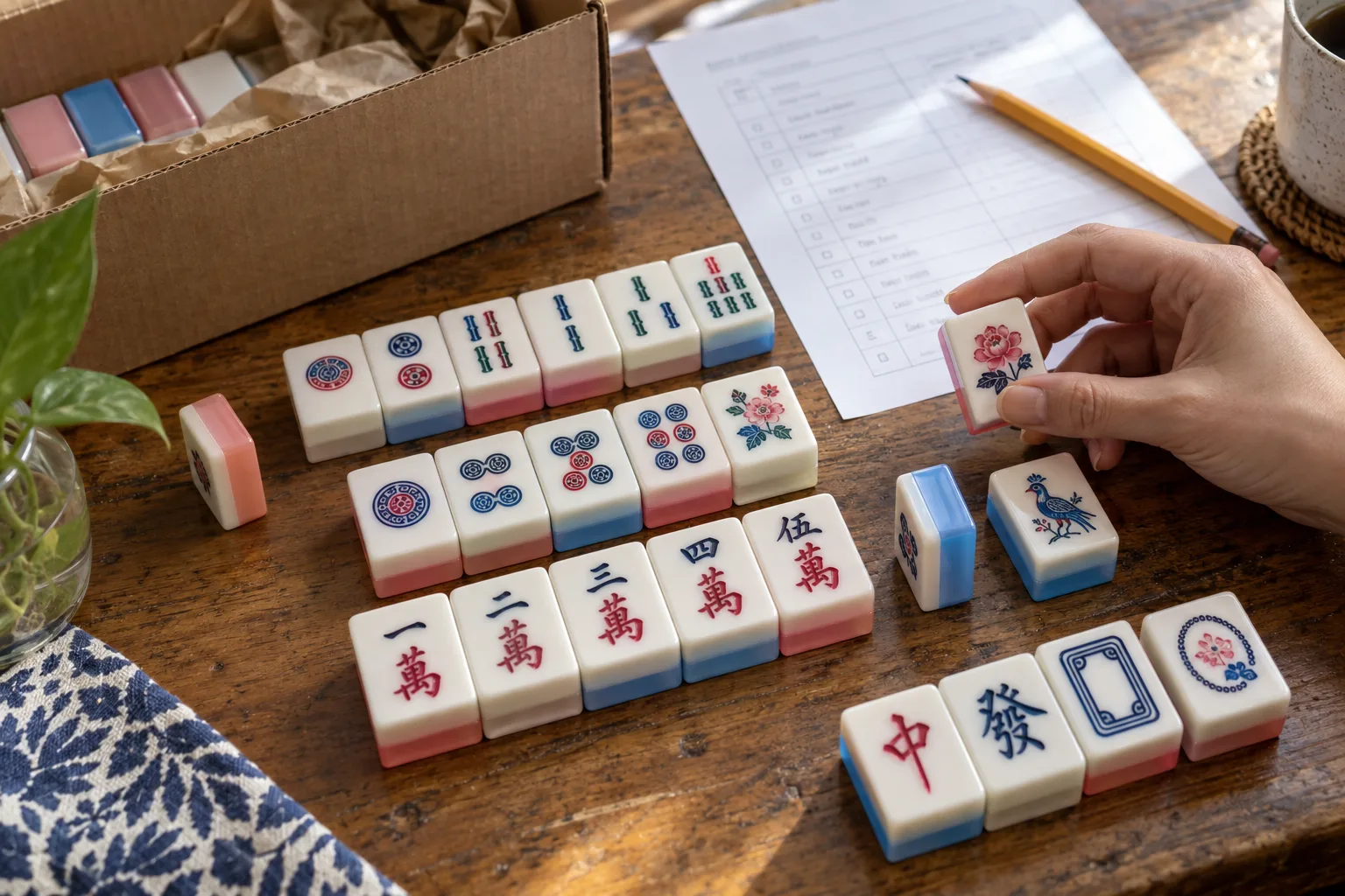 Illustration of colorful American mahjong sample tiles being reviewed beside an open export carton and paper notes
