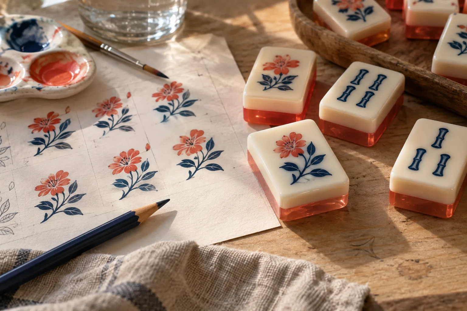 Illustrative paper artwork and finished acrylic tiles with coordinating floral motifs