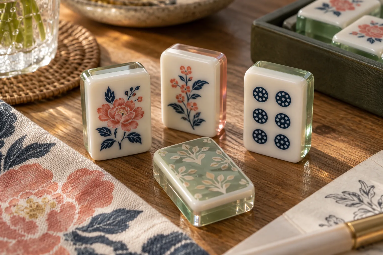 Illustrative custom acrylic tile collection with floral faces, geometric motifs and a coordinated back design