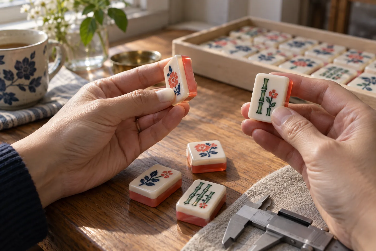Illustrative hands comparing acrylic tile edges beside a caliper and packing tray