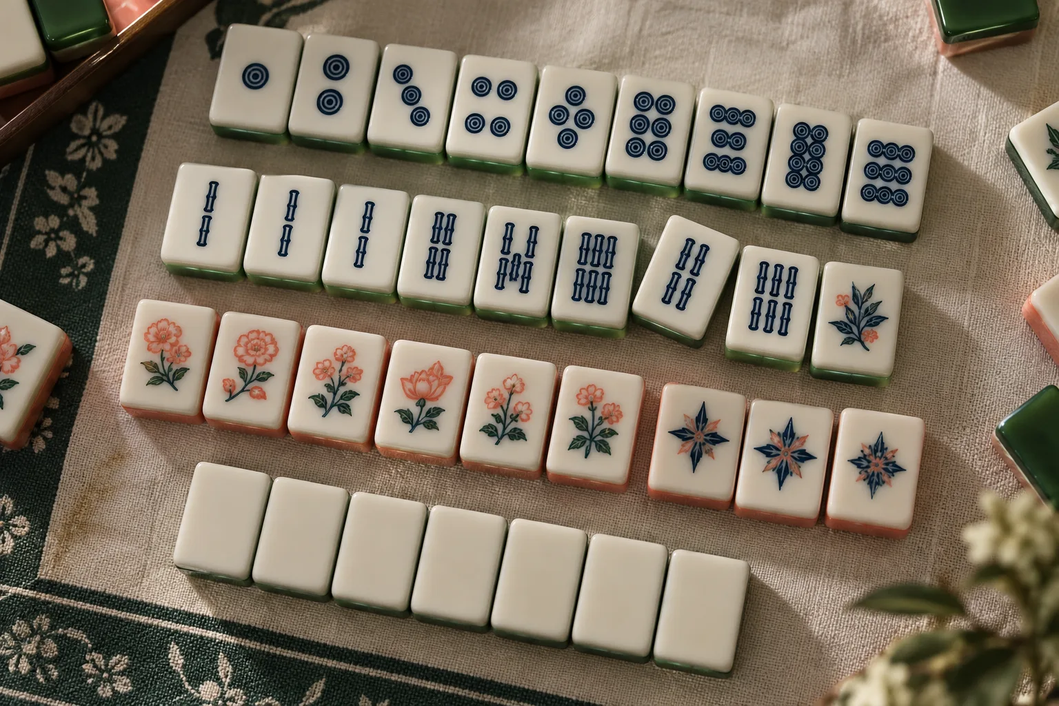Illustrative groups of suit, flower and decorative faces beside plain blank replacement tiles
