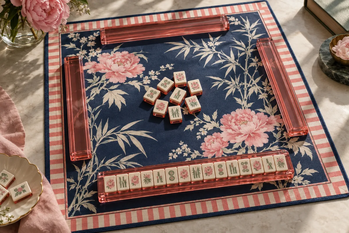 Illustrative floral mahjong mat with acrylic racks and tiles