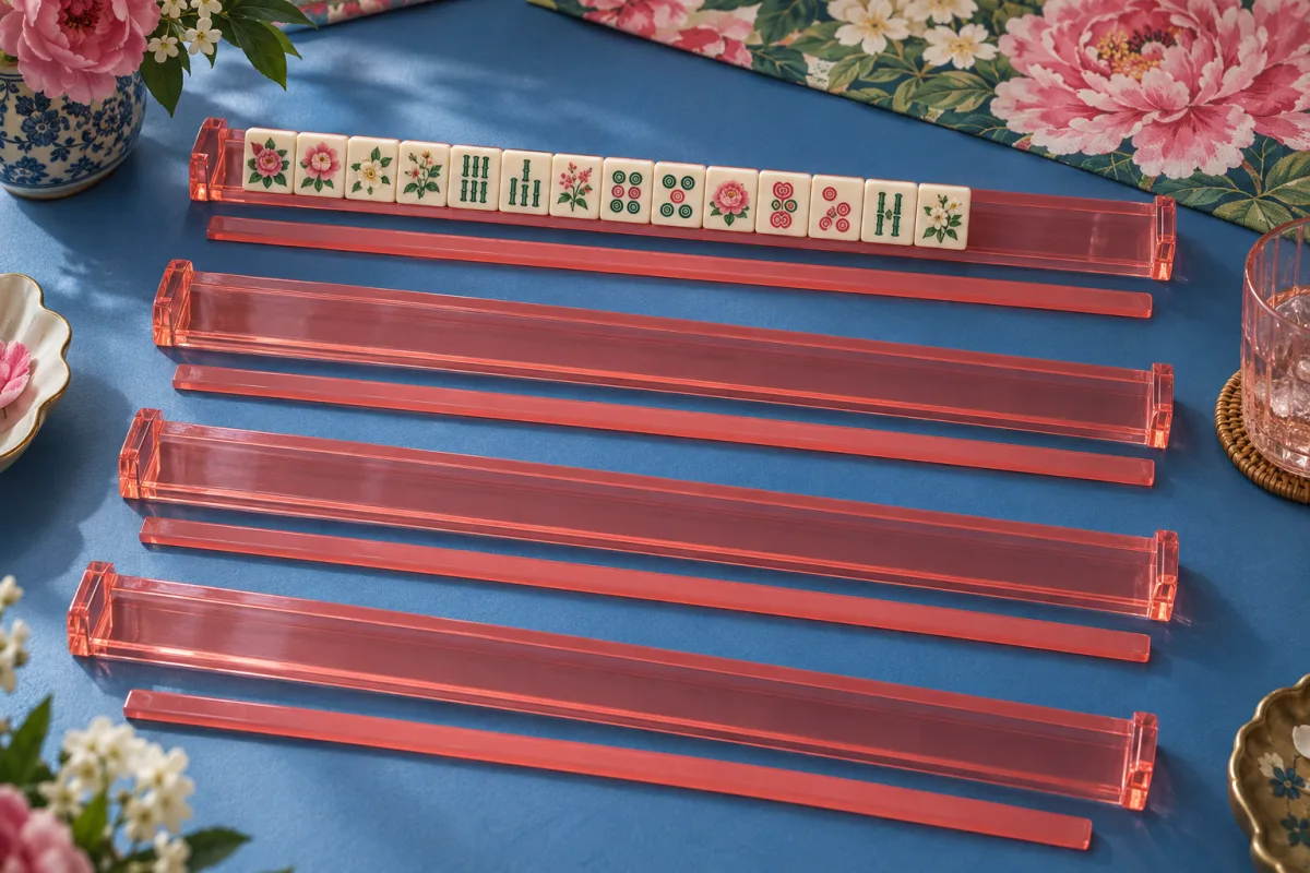 Illustrative coral acrylic racks with separate pushers and a row of tiles
