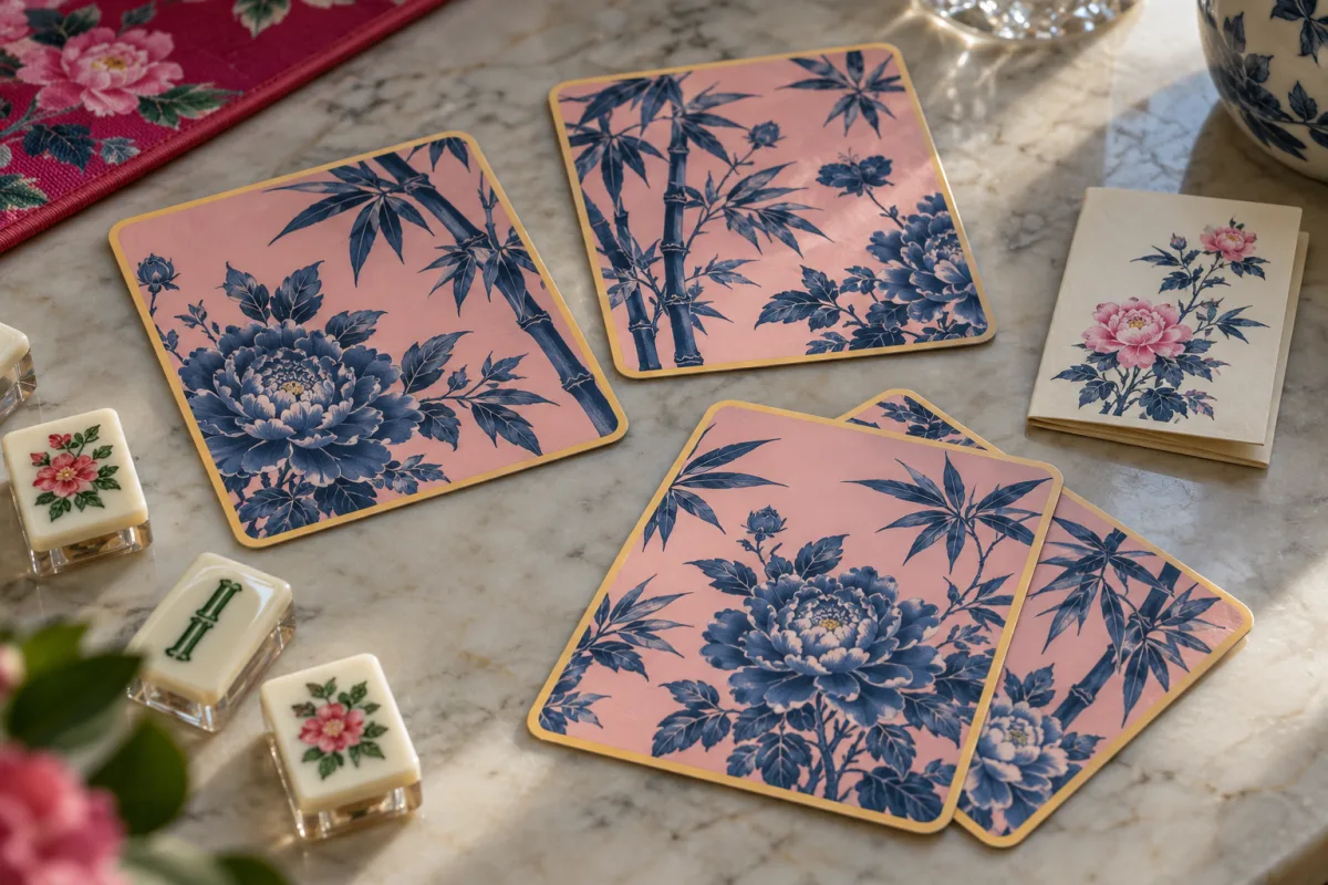 Illustrative floral tile-mixing cards beside printed paper inserts
