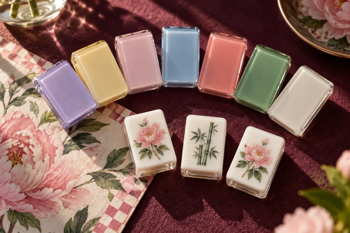 Illustrative American mahjong palette with colorful acrylic tile backs and floral details