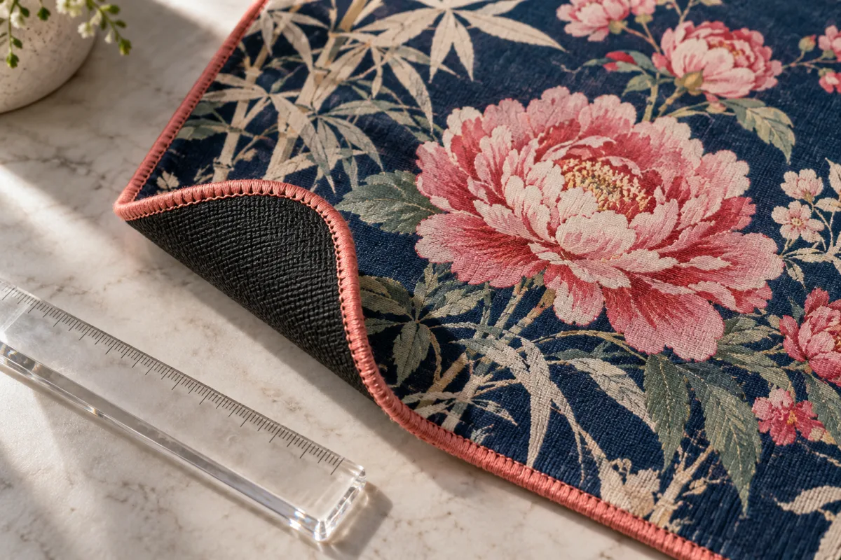 Illustrative printed textile mat corner showing stitching and black rubber backing
