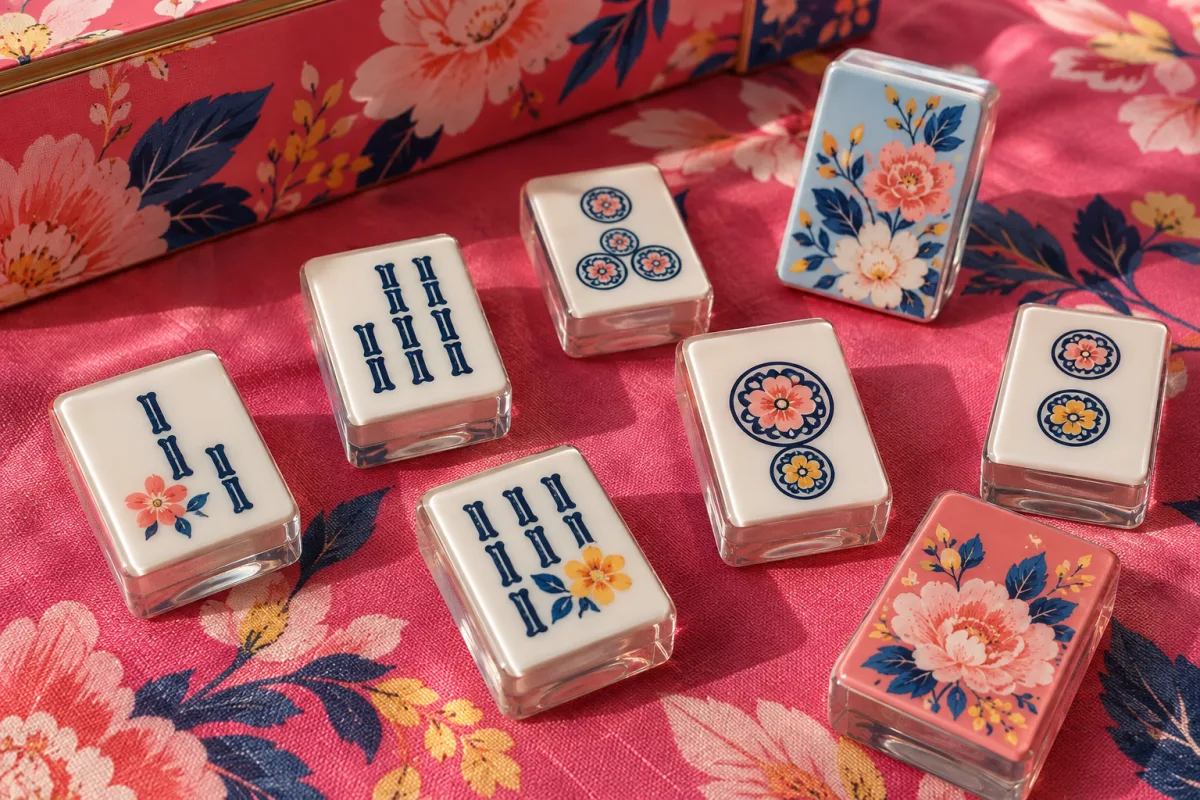 Illustrative American mahjong tiles with floral and bamboo faces, coral and blue backs on a patterned mat