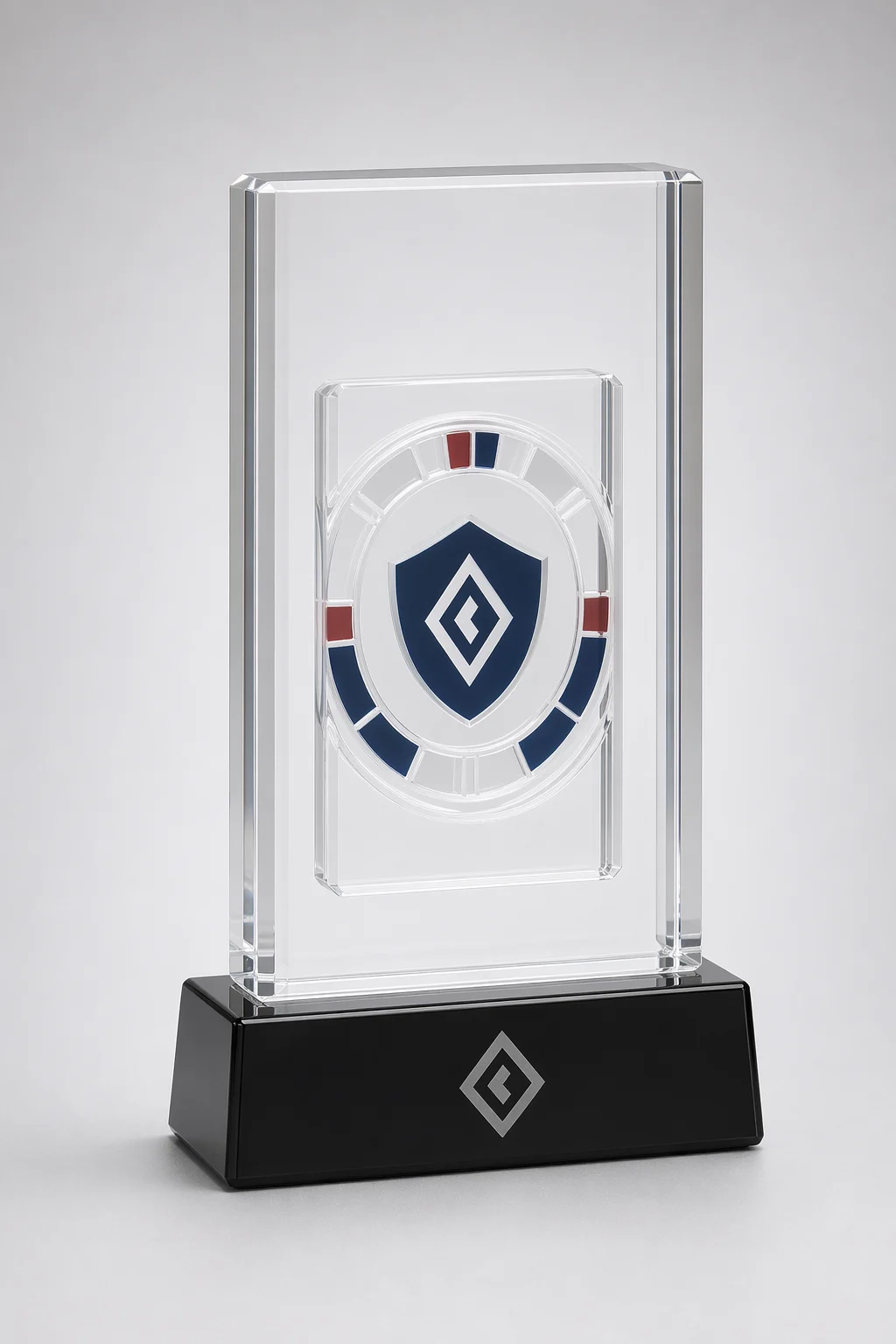 Clear acrylic embedment trophy with a printed acrylic insert suspended inside and diamond-polished on all faces