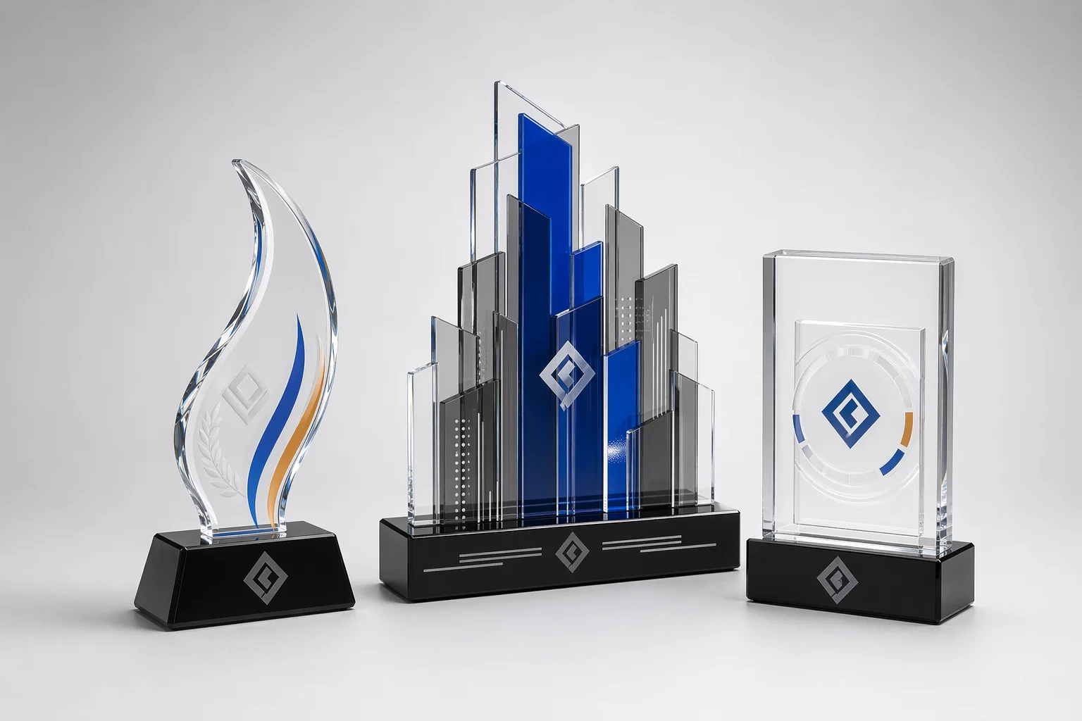 Custom acrylic trophies assortment showing a freestanding flame award, a blue multi-layer trophy, and an embedment block trophy with a printed acrylic insert
