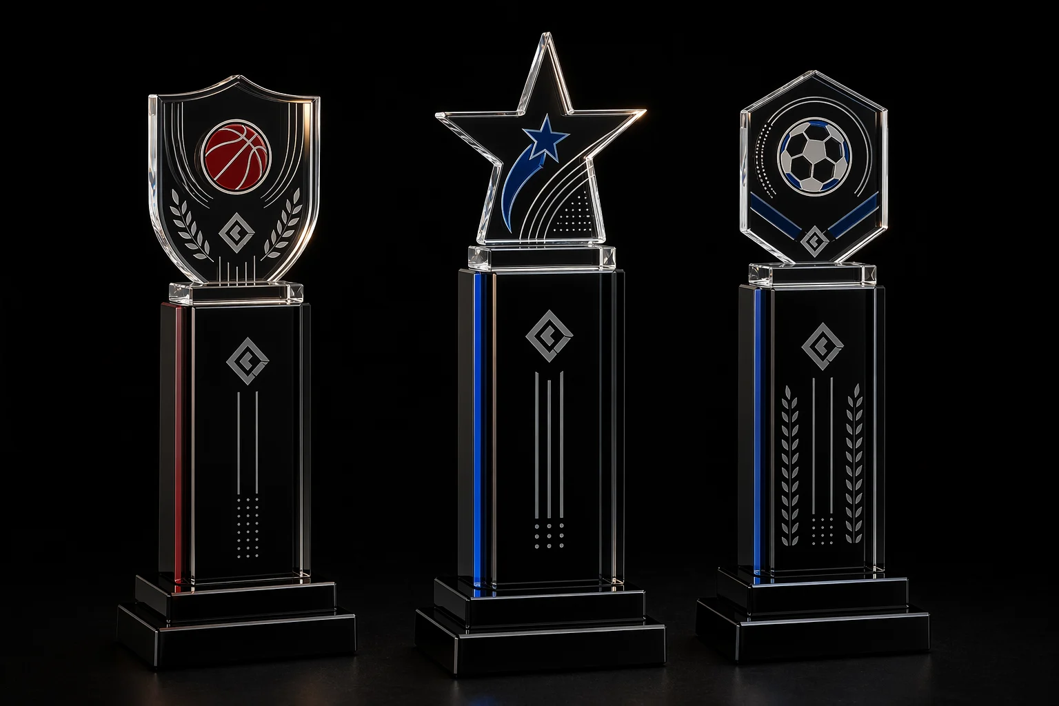 Set of all-acrylic sports championship trophies with black pillar bases, clear star and shield tops, and printed league graphics