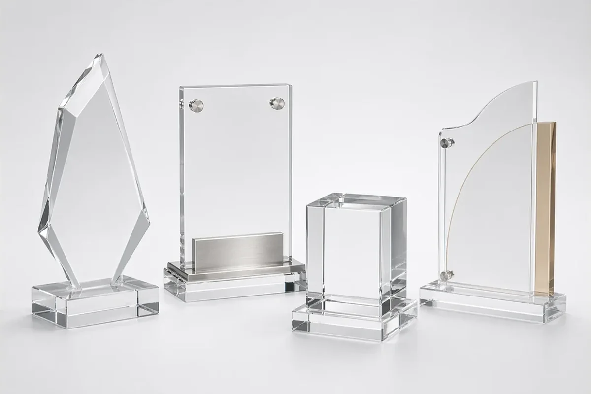 Collection of custom acrylic awards — plaques, trophies, deal toys, and embedment awards