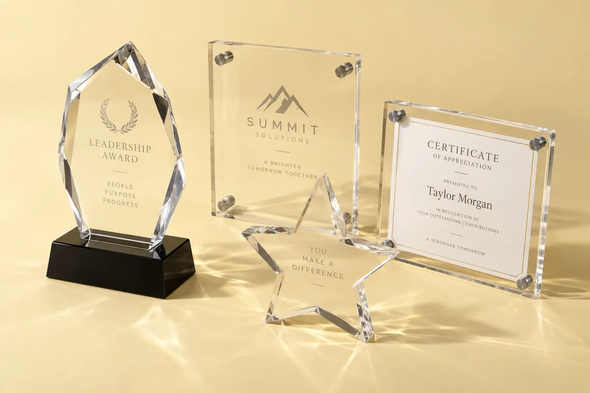 Collection of custom acrylic awards — plaques, trophies, custom-shaped awards, and award frames