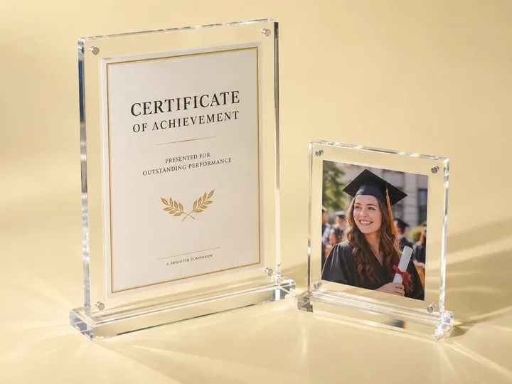 Clear acrylic certificate frame with standoff pillars holding a blank recognition certificate on a solid acrylic base