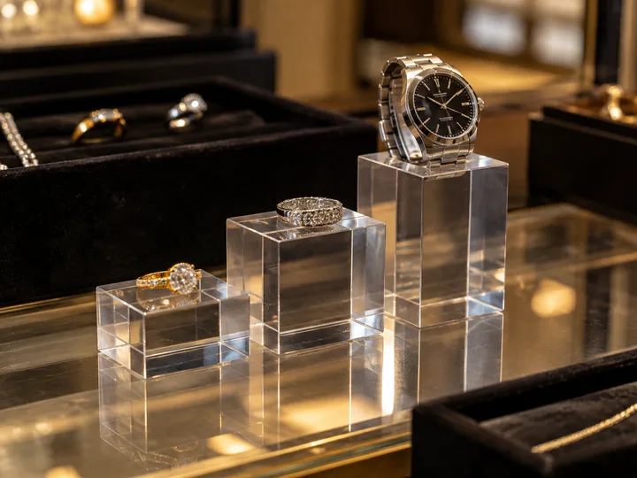 Set of three solid clear acrylic display blocks of rising height holding rings and a watch on a jewelry counter