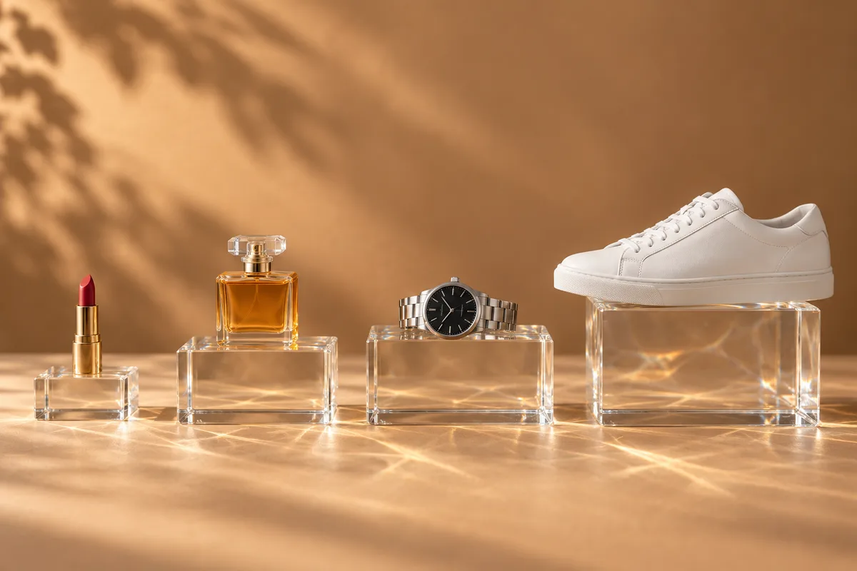 Four solid clear acrylic display blocks of increasing size holding a lipstick, a perfume bottle, a wristwatch and a sneaker