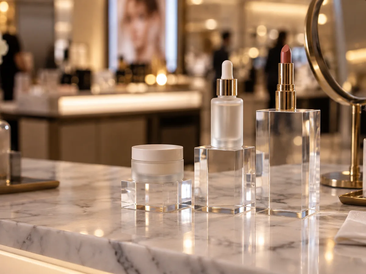 Three solid clear acrylic display blocks of 30, 50 and 80 mm height holding a cream jar, a serum bottle and a lipstick on a marble cosmetics counter