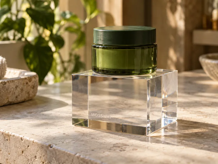 Solid clear acrylic display block with a small engraved MOSSWAY mark holding a green skincare jar