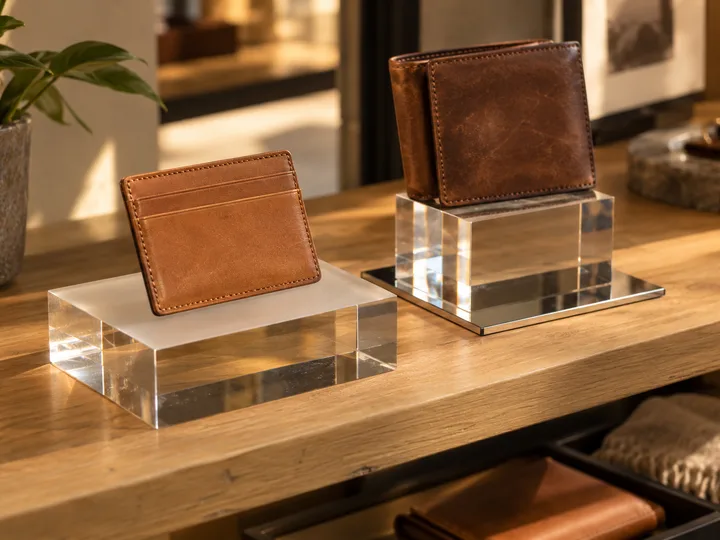 Solid acrylic display block with a frosted top holding a cardholder beside a block on a mirror base holding a wallet
