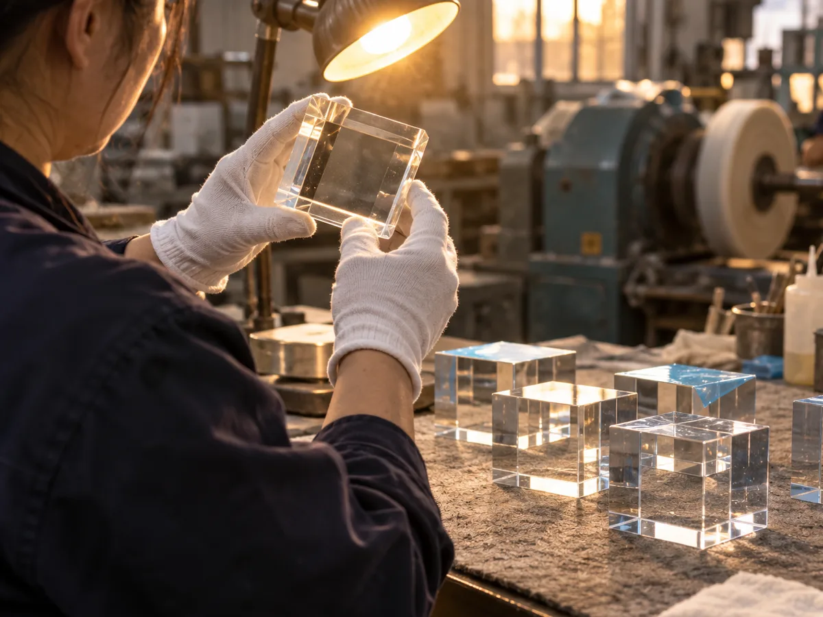 Worker in white gloves inspecting a polished solid acrylic display block under a lamp, with more blocks on the bench